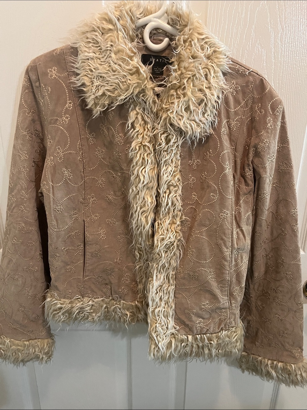 Women's Taupe Suede-Style Jacket with Cream Faux Fur Trim